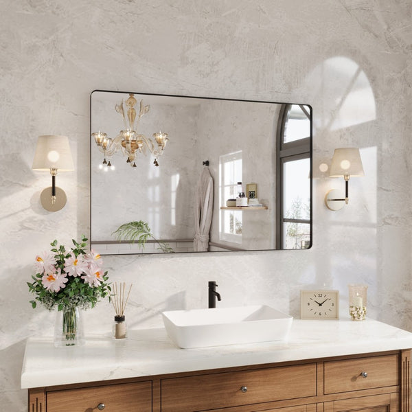 English Elm 48" X 32" Matte Black Aluminum Wall Mirror Tempered Glass Vanity Bathroom Accent W1920P498822