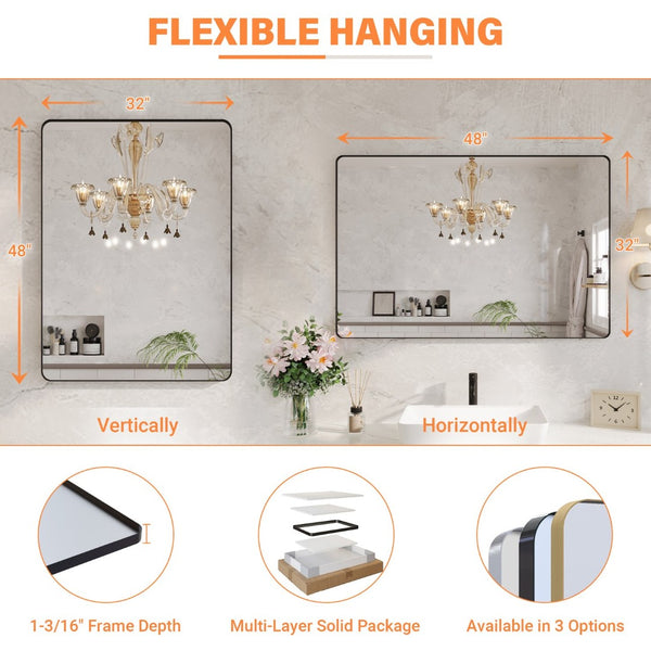 English Elm 48" X 32" Matte Black Aluminum Wall Mirror Tempered Glass Vanity Bathroom Accent W1920P498822