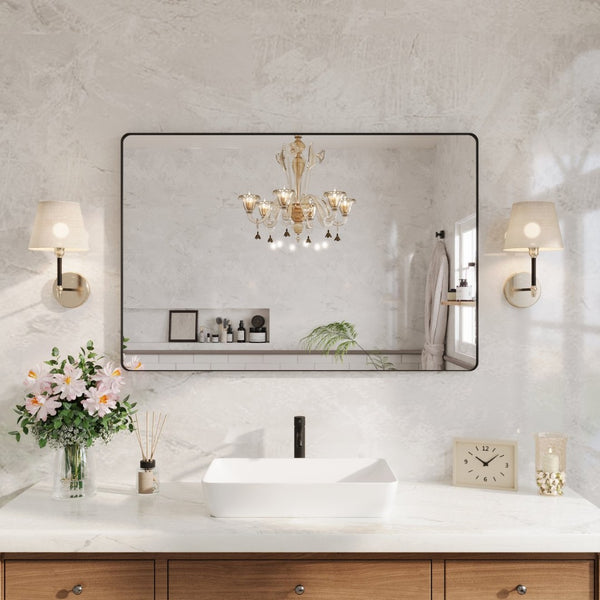 English Elm 48" X 32" Matte Black Aluminum Wall Mirror Tempered Glass Vanity Bathroom Accent W1920P498822