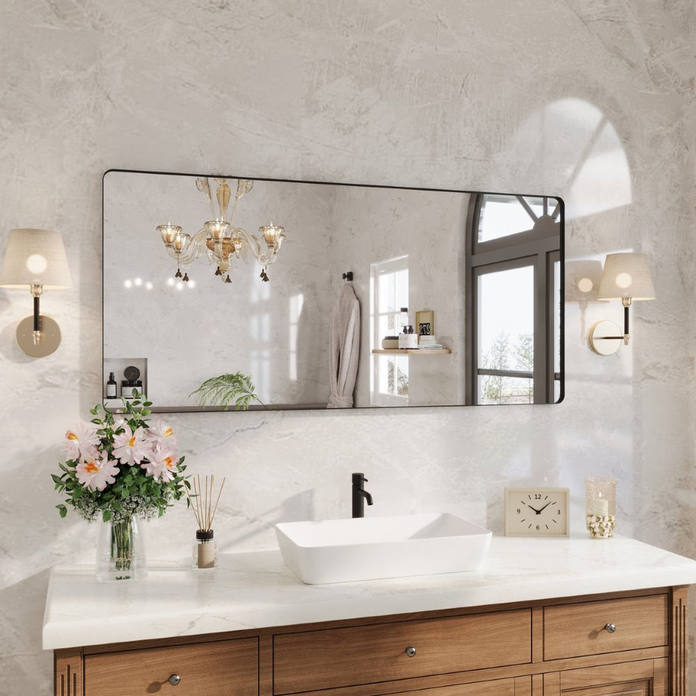 English Elm 60" Rectangular Wall Mirror Matte Black Aluminum Frame Tempered Glass Bathroom Vanity W1920P498823