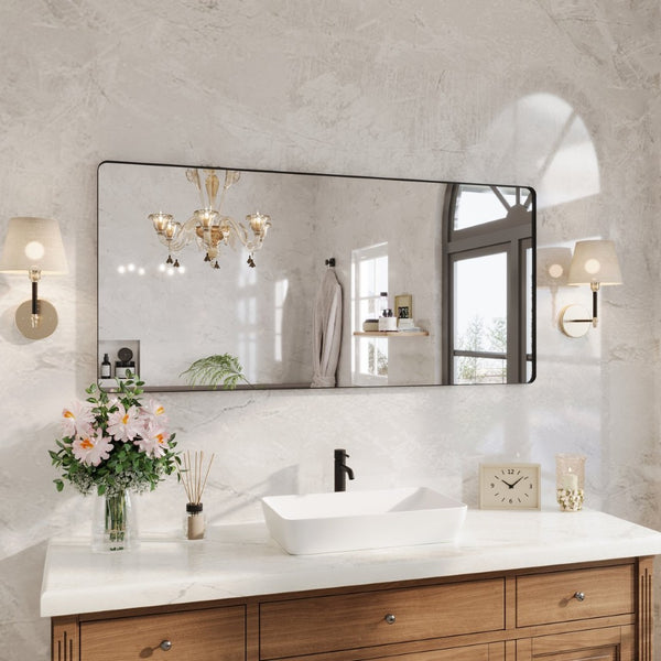 English Elm 60" Rectangular Wall Mirror Matte Black Aluminum Frame Tempered Glass Bathroom Vanity W1920P498823