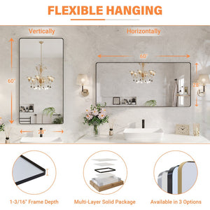 English Elm 60" Rectangular Wall Mirror Matte Black Aluminum Frame Tempered Glass Bathroom Vanity W1920P498823