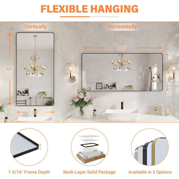 English Elm 60" Rectangular Wall Mirror Matte Black Aluminum Frame Tempered Glass Bathroom Vanity W1920P498823