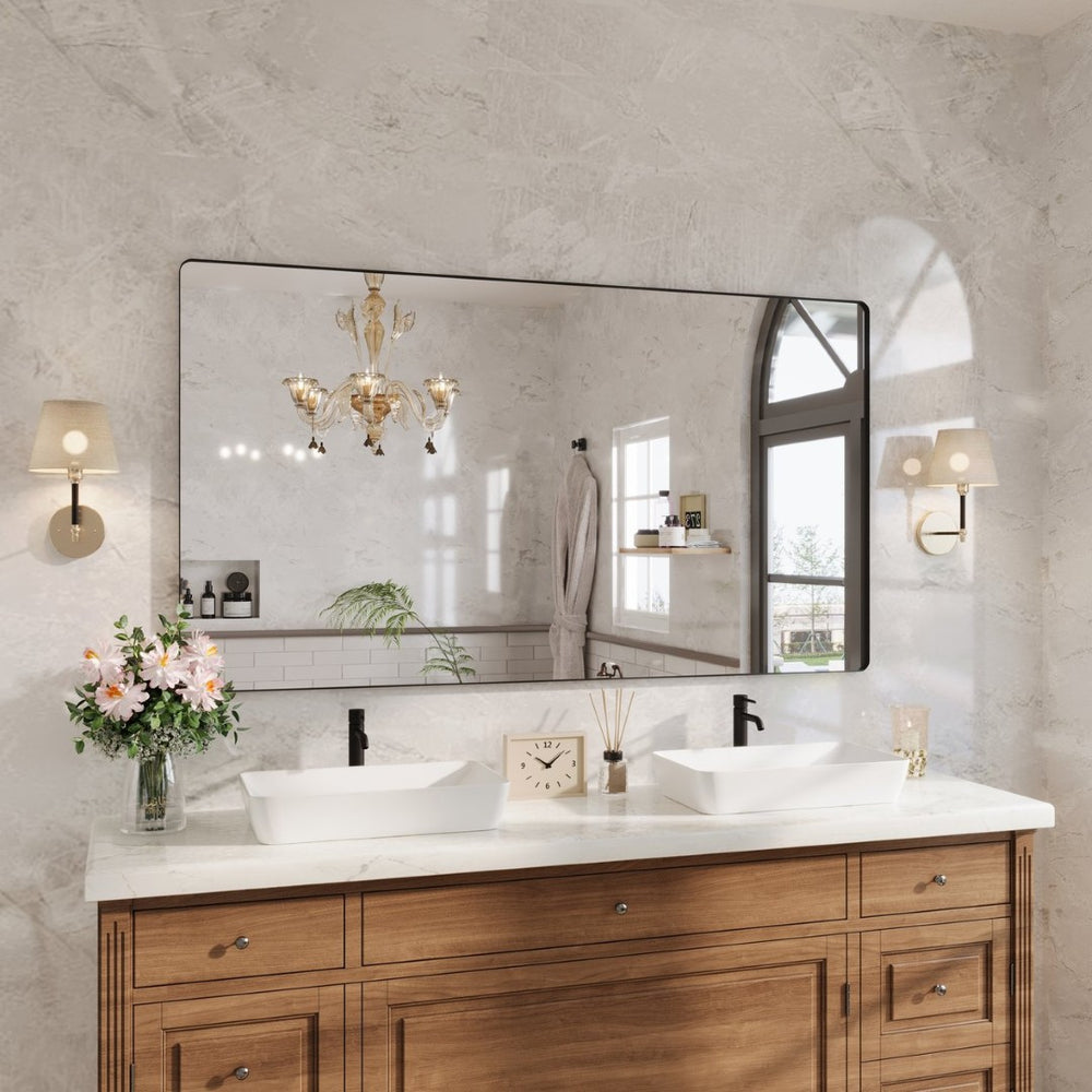 English Elm 72" Matte Black Aluminum Rectangular Wall Mirror Tempered Glass Bathroom Vanity W1920P498824