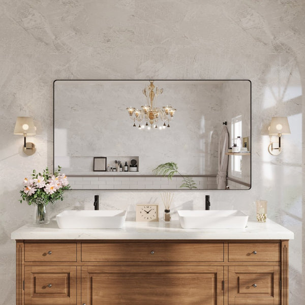 English Elm 72" Matte Black Aluminum Rectangular Wall Mirror Tempered Glass Bathroom Vanity W1920P498824