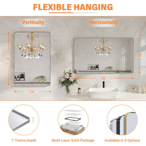 English Elm 24 X 36 Rectangular Wall Mirror Slim Aluminum Frame Tempered Glass Bathroom Vanity Silver W1920P498828