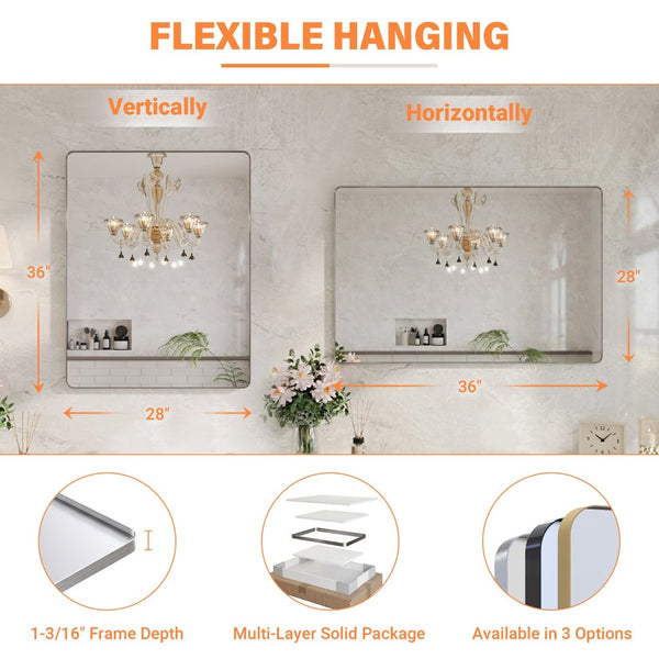 English Elm 28 X 36 Rectangular Wall Vanity Mirror with Slim Aluminum Frame Tempered Glass Silver W1920P498829