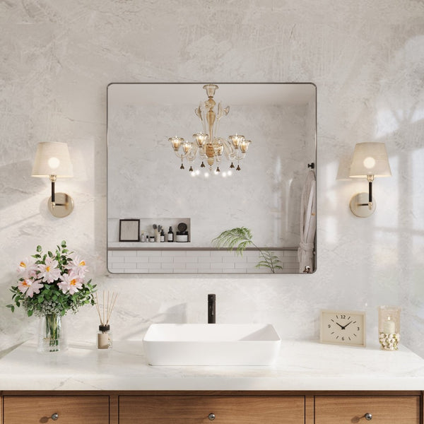 English Elm 40 Inch Rectangular Wall Mirror Silver Aluminum Frame Tempered Glass Bathroom Vanity W1920P498831