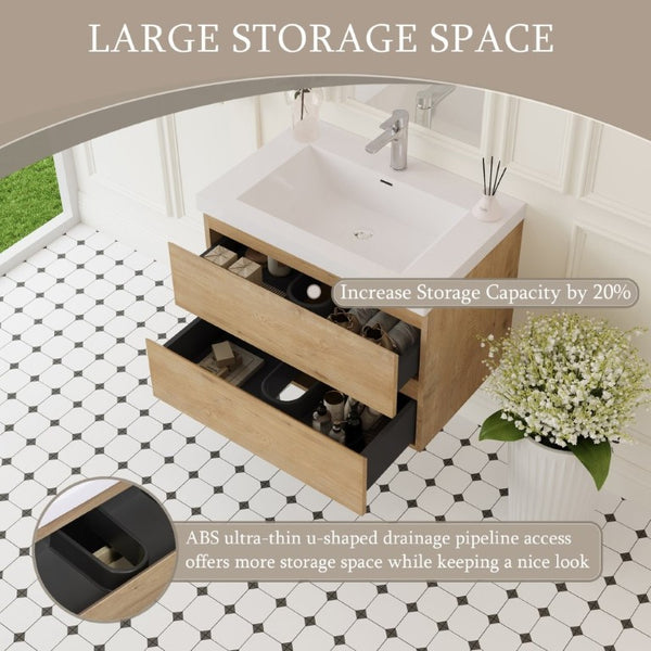 English Elm 30 Inch Floating Wall Mount Bathroom Vanity Natural Oak with Resin Sink Soft Close W1920P544215