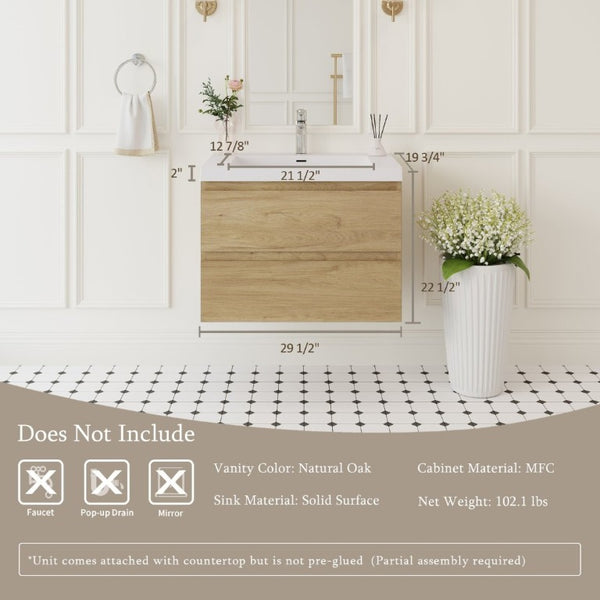 English Elm 30 Inch Floating Wall Mount Bathroom Vanity Natural Oak with Resin Sink Soft Close W1920P544215