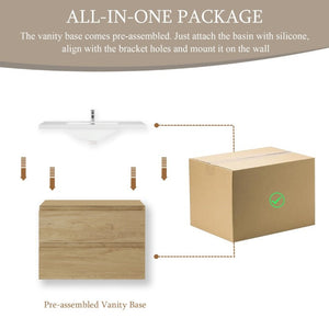 English Elm 30 Inch Floating Wall Mount Bathroom Vanity Natural Oak with Resin Sink Soft Close W1920P544215
