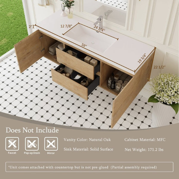 English Elm Floating Oak Vanity Wall Mounted Resin Basin Soft Close Drawers Modern Bath W1920S00204