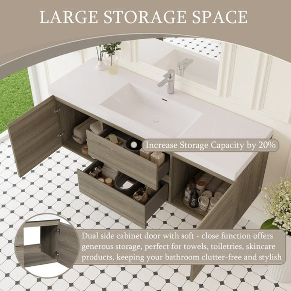 English Elm 60 Inch Floating Double Sink Bathroom Vanity Wall Mounted Ash Grey Soft Close Storage W1920S00205