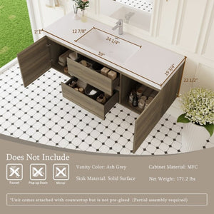 English Elm 60 Inch Floating Double Sink Bathroom Vanity Wall Mounted Ash Grey Soft Close Storage W1920S00205