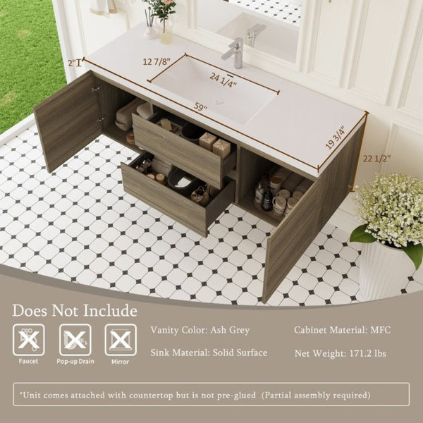 English Elm 60 Inch Floating Double Sink Bathroom Vanity Wall Mounted Ash Grey Soft Close Storage W1920S00205