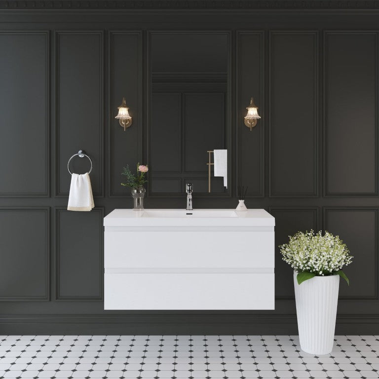 English Elm Floating Wall Mount Bathroom Vanity Glossy White Resin Sink Soft Close Drawers W1920S00207
