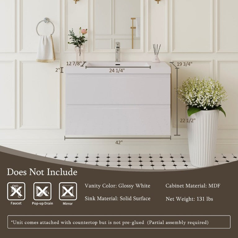 English Elm Floating Wall Mount Bathroom Vanity Glossy White Resin Sink Soft Close Drawers W1920S00207