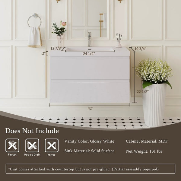 English Elm Floating Wall Mount Bathroom Vanity Glossy White Resin Sink Soft Close Drawers W1920S00207