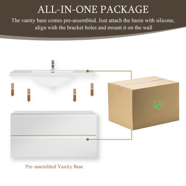 English Elm Floating Wall Mount Bathroom Vanity Glossy White Resin Sink Soft Close Drawers W1920S00207
