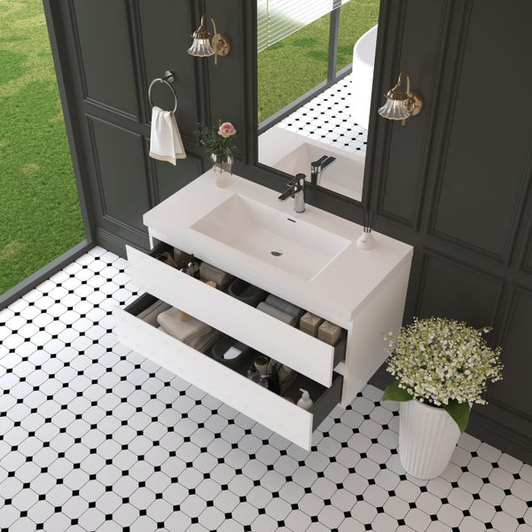 English Elm Floating Wall Mount Bathroom Vanity Glossy White Resin Sink Soft Close Drawers W1920S00207