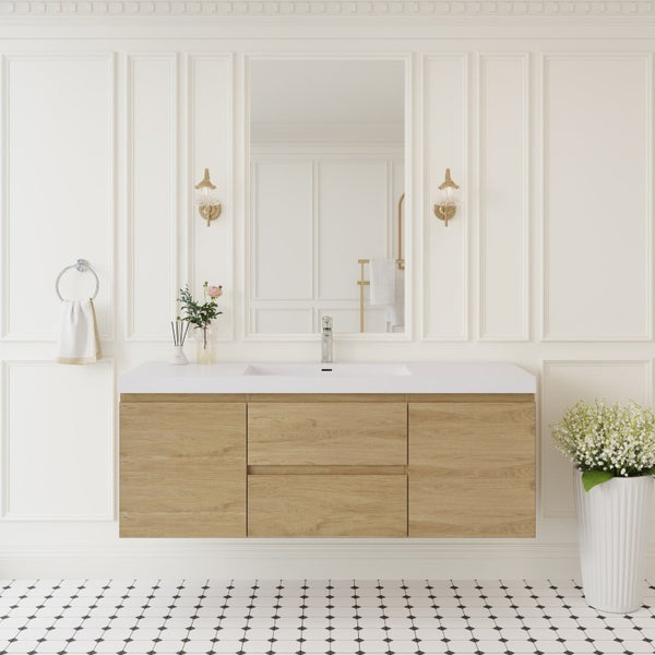 English Elm 60 Inch Floating Wall Mount Bathroom Vanity Natural Oak with Soft Close Drawers Basin W1920S00208
