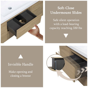 English Elm 60 Inch Floating Wall Mount Bathroom Vanity Natural Oak with Soft Close Drawers Basin W1920S00208