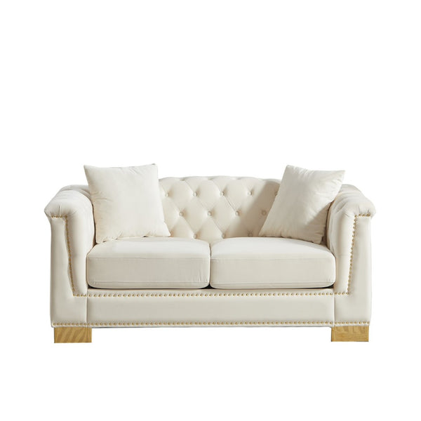 English Elm {video] Chesterfield Velvet Loveseat with Nailhead Trim Button Tufted Two Seat Luxury Sofa Beige W1926S00123
