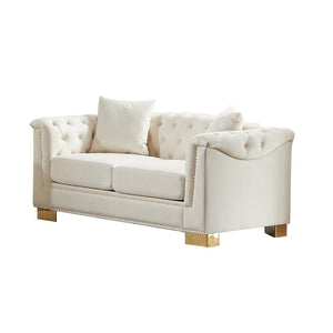 English Elm {video] Chesterfield Velvet Loveseat with Nailhead Trim Button Tufted Two Seat Luxury Sofa Beige W1926S00123