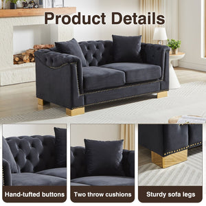 English Elm {video] Chesterfield Velvet Loveseat with Nailhead Trim Button Tufted Two Seat Luxury Sofa Black+Blue W1926S00124