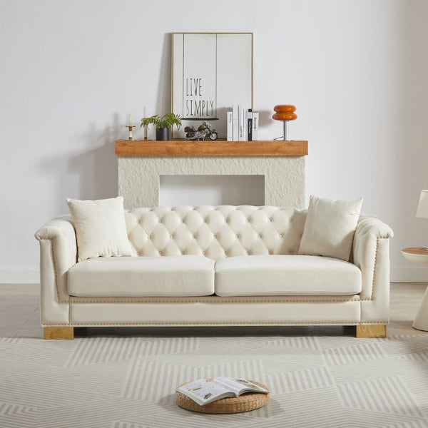 English Elm {Video] Chesterfield Velvet Sofa Tufted Three Seater with Gold Stud Arms for Living Rooms Beige W1926S00126
