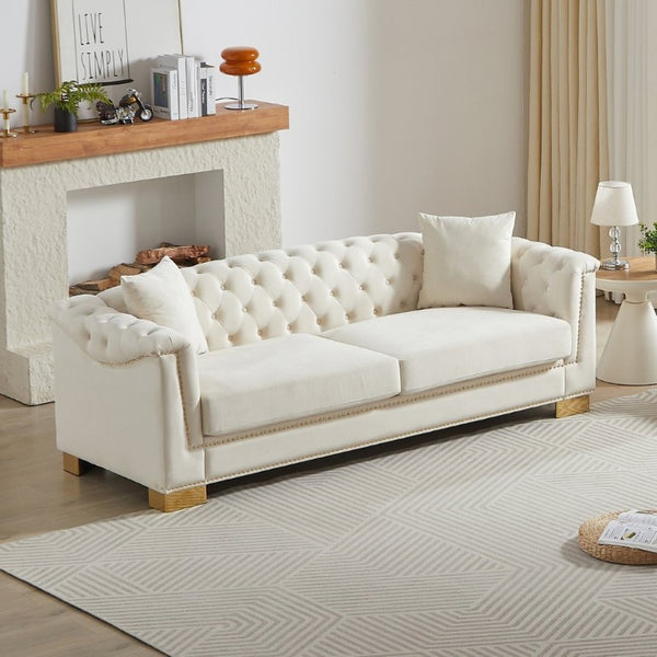 English Elm {Video] Chesterfield Velvet Sofa Tufted Three Seater with Gold Stud Arms for Living Rooms Beige W1926S00126