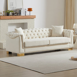 English Elm {Video] Chesterfield Velvet Sofa Tufted Three Seater with Gold Stud Arms for Living Rooms Beige W1926S00126