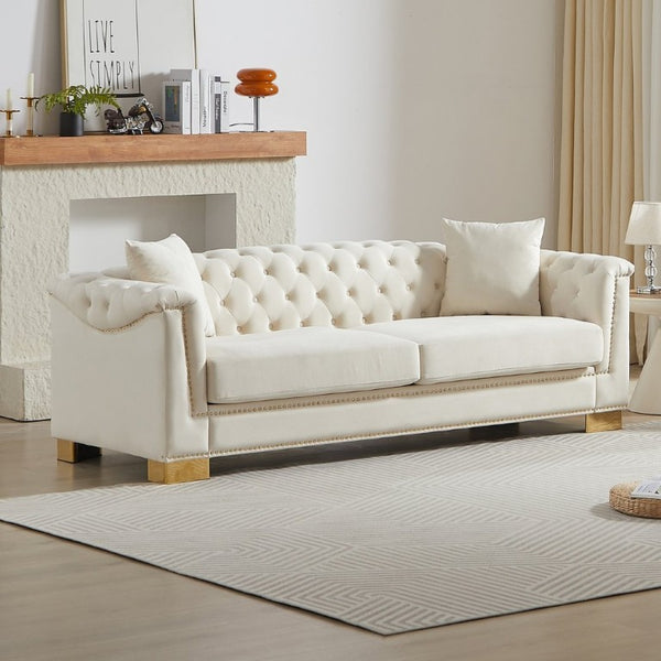English Elm {Video] Chesterfield Velvet Sofa Tufted Three Seater with Gold Stud Arms for Living Rooms Beige W1926S00126