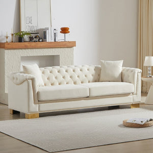English Elm {Video] Chesterfield Velvet Sofa Tufted Three Seater with Gold Stud Arms for Living Rooms Beige W1926S00126