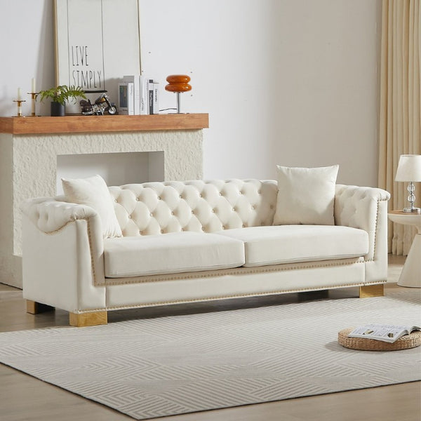 English Elm {Video] Chesterfield Velvet Sofa Tufted Three Seater with Gold Stud Arms for Living Rooms Beige W1926S00126