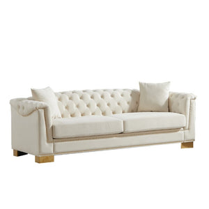 English Elm {Video] Chesterfield Velvet Sofa Tufted Three Seater with Gold Stud Arms for Living Rooms Beige W1926S00126