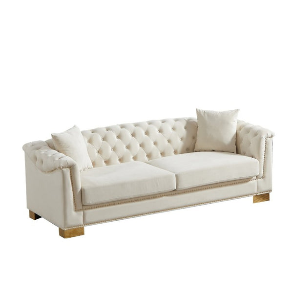 English Elm {Video] Chesterfield Velvet Sofa Tufted Three Seater with Gold Stud Arms for Living Rooms Beige W1926S00126