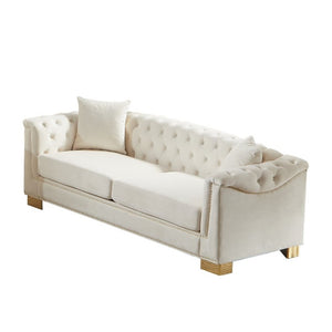 English Elm {Video] Chesterfield Velvet Sofa Tufted Three Seater with Gold Stud Arms for Living Rooms Beige W1926S00126