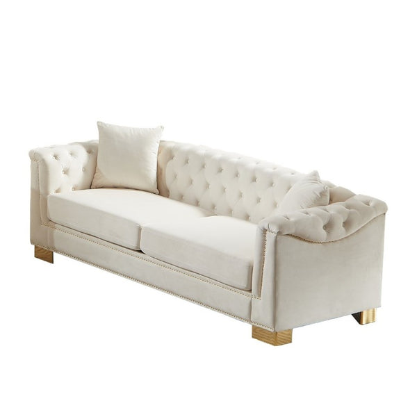 English Elm {Video] Chesterfield Velvet Sofa Tufted Three Seater with Gold Stud Arms for Living Rooms Beige W1926S00126