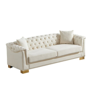 English Elm {Video] Chesterfield Velvet Sofa Tufted Three Seater with Gold Stud Arms for Living Rooms Beige W1926S00126