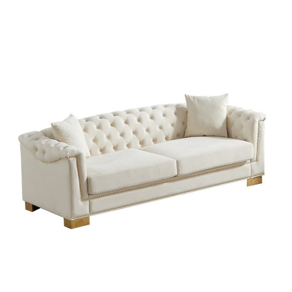 English Elm {Video] Chesterfield Velvet Sofa Tufted Three Seater with Gold Stud Arms for Living Rooms Beige W1926S00126