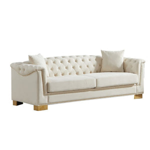 English Elm {Video] Chesterfield Velvet Sofa Tufted Three Seater with Gold Stud Arms for Living Rooms Beige W1926S00126