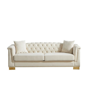 English Elm {Video] Chesterfield Velvet Sofa Tufted Three Seater with Gold Stud Arms for Living Rooms Beige W1926S00126