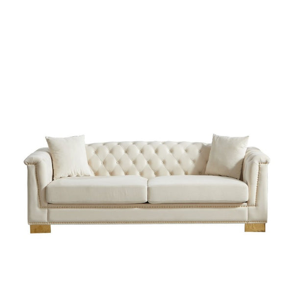 English Elm {Video] Chesterfield Velvet Sofa Tufted Three Seater with Gold Stud Arms for Living Rooms Beige W1926S00126