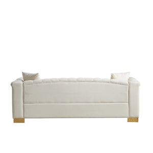 English Elm {Video] Chesterfield Velvet Sofa Tufted Three Seater with Gold Stud Arms for Living Rooms Beige W1926S00126