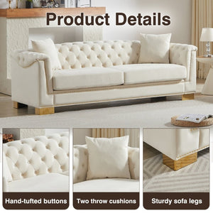English Elm {Video] Chesterfield Velvet Sofa Tufted Three Seater with Gold Stud Arms for Living Rooms Beige W1926S00126