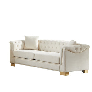 English Elm {Video] Chesterfield Velvet Sofa Tufted Three Seater with Gold Stud Arms for Living Rooms Beige W1926S00126