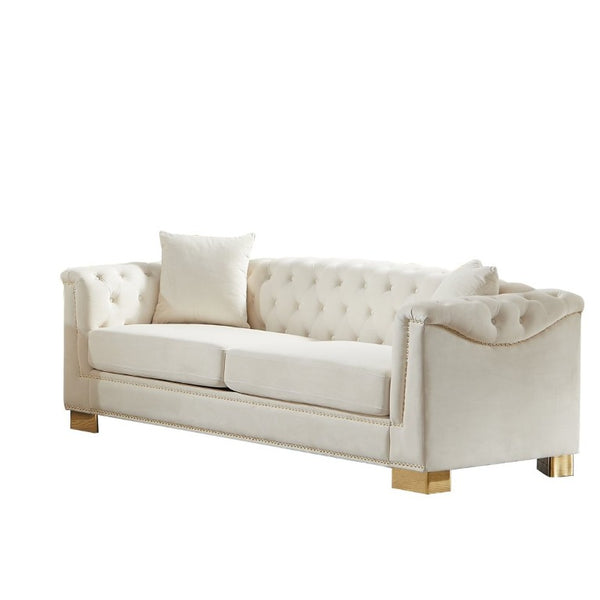 English Elm {Video] Chesterfield Velvet Sofa Tufted Three Seater with Gold Stud Arms for Living Rooms Beige W1926S00126