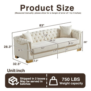English Elm {Video] Chesterfield Velvet Sofa Tufted Three Seater with Gold Stud Arms for Living Rooms Beige W1926S00126
