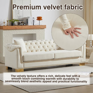English Elm {Video] Chesterfield Velvet Sofa Tufted Three Seater with Gold Stud Arms for Living Rooms Beige W1926S00126